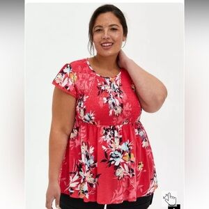 Baby Doll Cotton Crew Neck Smocked Bodice Floral Top Size 1 EC